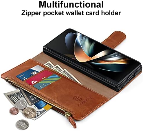 Antsturdy za Samsung Galaxy Z Fold 4 Wallet Case RFID Blocking [Zipper Poket] PU Koža Flip Folio zaštitni poklopac sa slotovima držač magnetne kreditne kartice stalak za muškarce žene, svijetlo smeđe