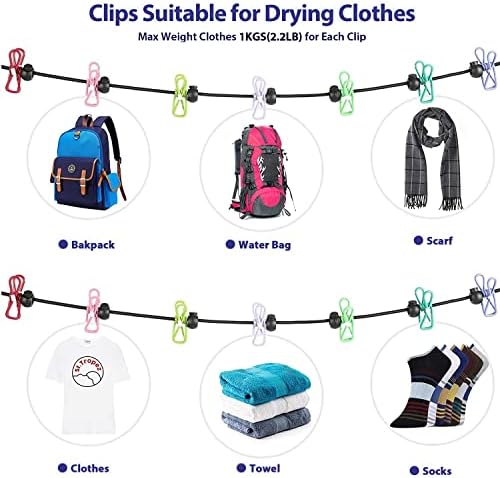 Prijenosni konop za odjeću sa 12 šarenih štipaljki za odjeću, vjetrootporna putna konop za odjeću rastezljiva na uvlačenje elastična