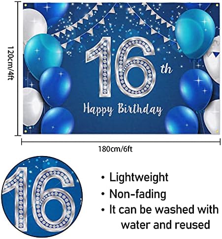 HAMIGAR 6x4ft Happy 16th Birthday Banner Backdrop - 16 godina rođendanski ukrasi potrepštine za djevojčice dječaci-plavo srebro