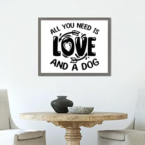Porodični citat 16x20in Drvena zidna ploča sa ohrabrenjem citata Sve što trebate je ljubav i pas u stilu zemlje sivi okvir Drvena