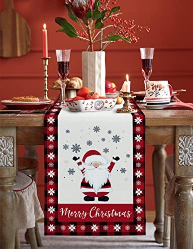 Sretan božićni gnome trkač za seosku zabavu za odmor, pamuk i posteljina stol za trkač za trkačer ELF Santa Claus Snowflakes Granični