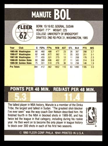 1990. Fleer 62 Manute Bol Golden State Warriors NM / MT Warriors University of Bridgeport