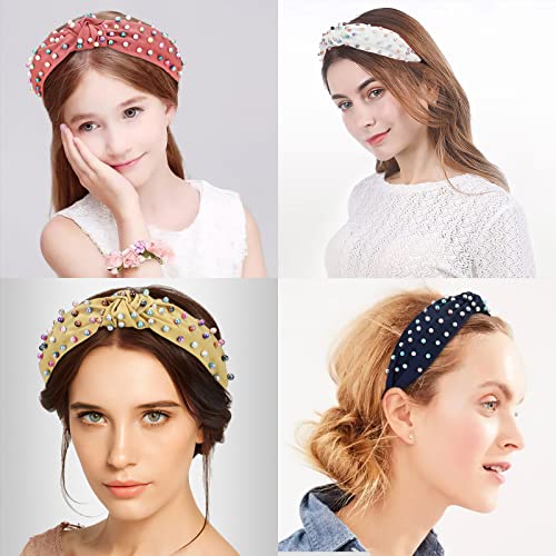 Makone Headbands with pearls for Women Wide Headband Knot Pearl Headbands Velvet Headband Vintage Hairband Twisted Headwear Cross Hair Hoops Fashion Hair Accessories For Wedding Christmas Party