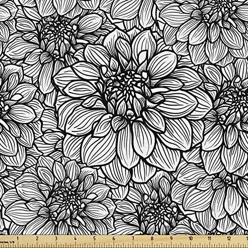 Ambesonne crno-bijela tkanina pored dvorišta, Botaničke baštenske biljke ručno nacrtanog stila Dahlia je procvjetala, dekorativna