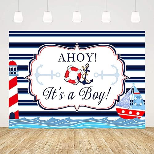 ABLIN 8x6ft Ahoy Nautical Boy Baby tuš pozadina to je dječak bijele plave pruge Marine more Svjetionik brod pozadina novorođenče beba