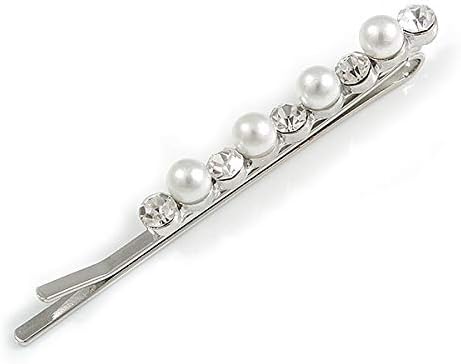 Avalaya par bisnog kristalnog bijelog bisernog perla klizača za kosu u rodijumskoj pločici - 60 mm l