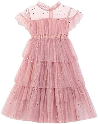 KAGAYD djevojke Casual Dress Toddler djevojke Fly rukav zvijezda mjesec Paillette princeza haljina ples zabava Ruffles haljine odeća