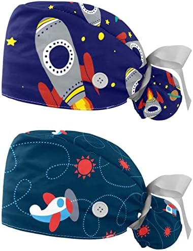 RODAILYCAY 2 pakovanja Bouffant kapa sa dugmetom za rep torbica pamučna Radna kapa traka za znoj podesive hirurške kape Space Planet