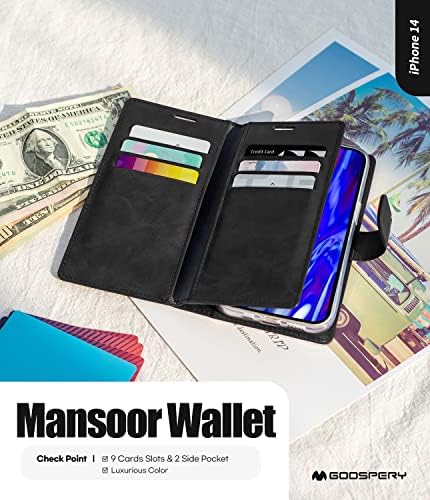 GOOSPERY Mansoor novčanik dizajniran za iPhone 14 slučaj [9 kartica+2 dodatni bočni džep] dvostrani Multi-Slot unutrašnji držač kartice