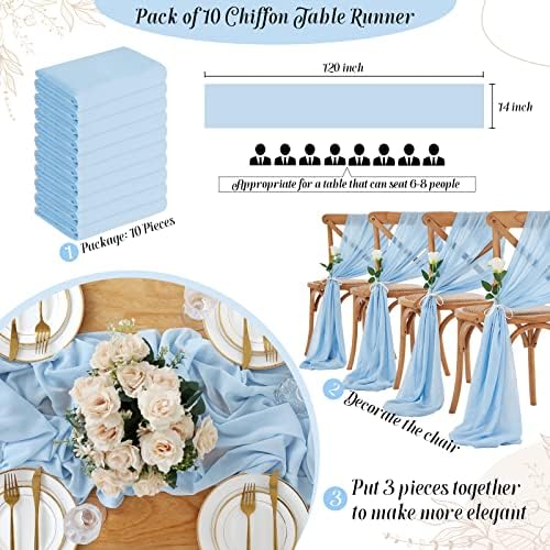 Plavi šifon stolni trkači vjenčani ukras 10 komada 14x120 inča mekani trkač za meki stol elegantan partijski trkač stola