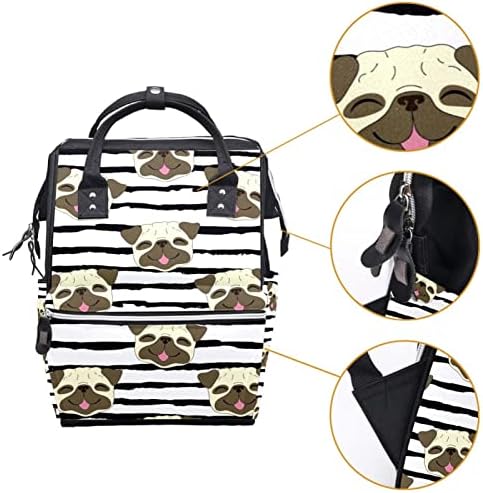 Crtani nasmiješeni pug pas crni pruge ruksak za ruksak pelena ruksaka Baby Nappy Promjena torbe s više funkcija Veliki kapacitet Putna