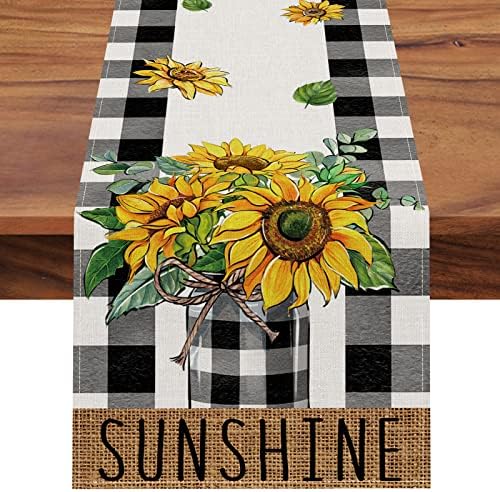 Seliem ljetni suncokret cvijeće Sunshine trkač stola, bivolo plairana vazna seoska kuća kuhinja trpezarijski dekor, proljeće sezonski