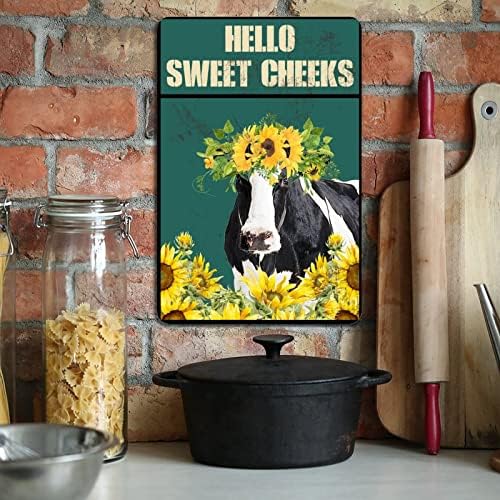 Retro rđe metalni znak Pozdrav slatki obrazi Slatka kravlje potpisuje suncokretsko zemljište Zeleni prilagođeni znak Vintage Home