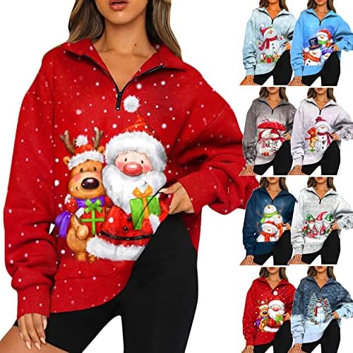Fajuyiyo ženska duks zip dukserica, božićni ispis kap na ramenu na ramenu Zip pulover ružni božićni džemper vrhovi