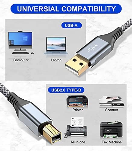 Swefiard Printer kabel 6,6ft, USB 2.0 kabel pisača USB-A do USB-B kabla, najlon za nonal za nonal sa visokim brzinama za printeru