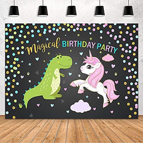MEHOFOND Magical Birthday Backdrop party dekoracija mali dinosaurus i jednorog Sretan rođendan zelena i roze fotografija pozadina Baner Cake Table Studio Photo Props Vinyl 7x5ft