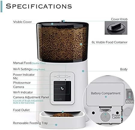 Sekoya automatski WiFi 6L Smart Pet Feeder / 1080p kamera za mačke & amp; Psi / Auto + ručni dozator hrane / iOS kompatibilan sa Androidom