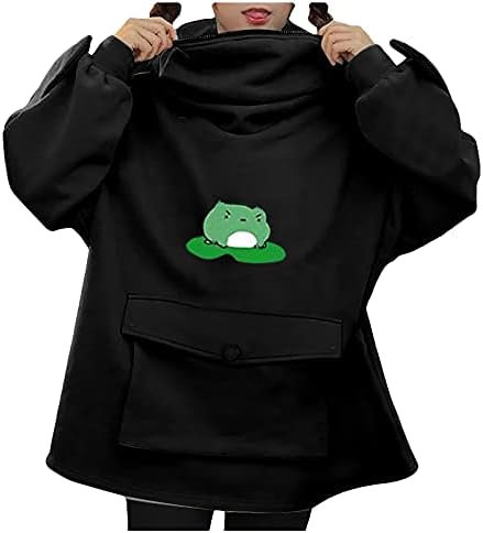Ubst Ženska novost žaba, slatka životinjskog oblika zip up up zelene vrhove s kapuljačom, pulover sa dukserom nazad u školu