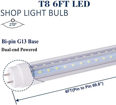 T8 V u obliku 6ft 40W LED cijev sijalica, G13 baza,dvostruka snaga, prozirni poklopac, 6000k dnevna svjetlost Bijela,balastna Premosnica,