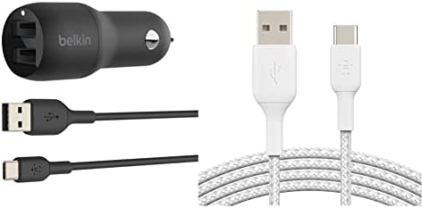 Belkin 24 WATT Dual USB Car-2 12W USB A portovi sa USB-C kablom za brzo punjenje Apple iPhone-USB-C punjač i 3,3ft pletenica USB-C kabel, pojačani USB-C u USB kabl, USB tip-c Kabl