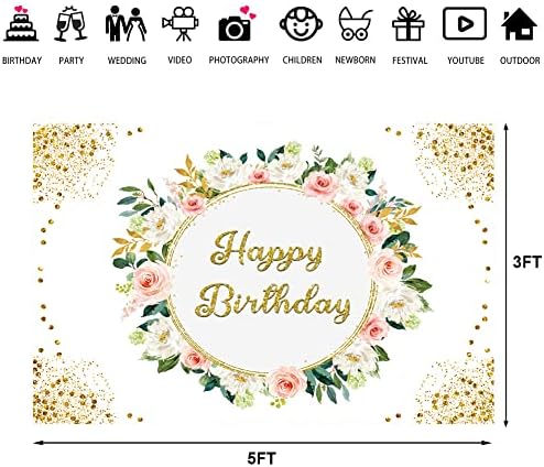 Lofaris Happy Birthday Party Backdrop Pink Floral Gold Glitter First Birthday Background Women Girl 16th 30th 40th 50th Anniversary