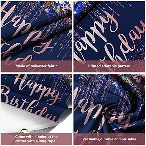 AIBIIN Rose Gold Navy Blue Happy Birthday Banner for girl woman Birthday Party Dekoracije Backdrop Pink Blue Glitter floral Photography