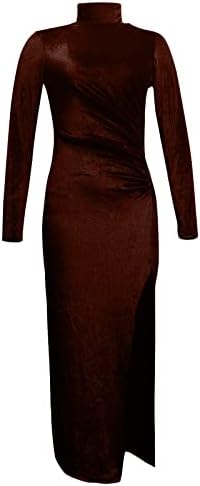 NOKMOPO haljine za žene 2023 Party Moda pune boje struka Cinched Ruffle Split V-izrez duga rukava haljina