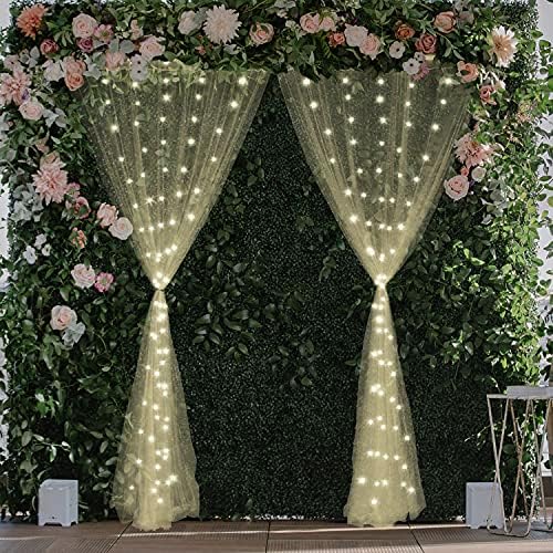 Zavjese u pozadini šampanjca sa svjetlima niz za svadbene zabave 10×10ft Sheer Tulle Backdrop Curtain za svadbeni tuš Baby Shower