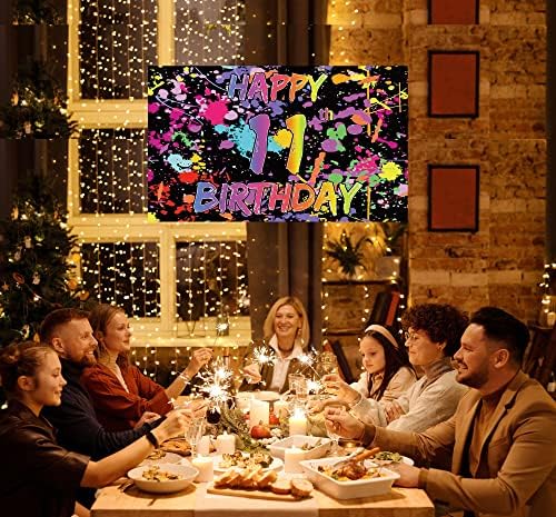 Neno Glow in The Dark 11th birthday Decorations Backdrop Banner for Girls Boys, Paint Splatter Graffiti Party sign Supplies, Light