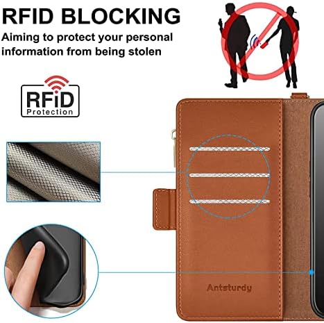 Antsturdy za iPhone 14 6.1 torbica za novčanik 【RFID blokada】【Zipper Poket】【7 Slot za kartice】 PU kožna magnetna kopča Flip Folio