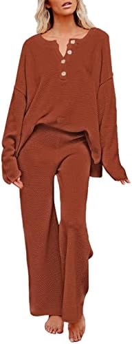 Ženska povremena odjeća za dvije komade - Henley gumb V izrez Loop FALL zime sa setom hlača s dugim rukavima