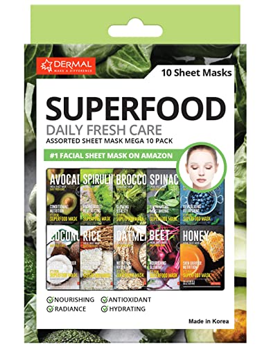 DERMAL Superfood Daily Fresh Care razna maska od listova Mega 10 pakovanje-maska za lica za blistavu osvježavajuću kožu-hidratantne