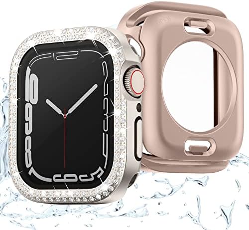 2-pakovanje 2-u-1 vodootporni blijed za Apple Watch 45 mm serije 8 7 sa kaljenim zaštitnim zaslonom stakla, kristalni dijamanti Rhinestone
