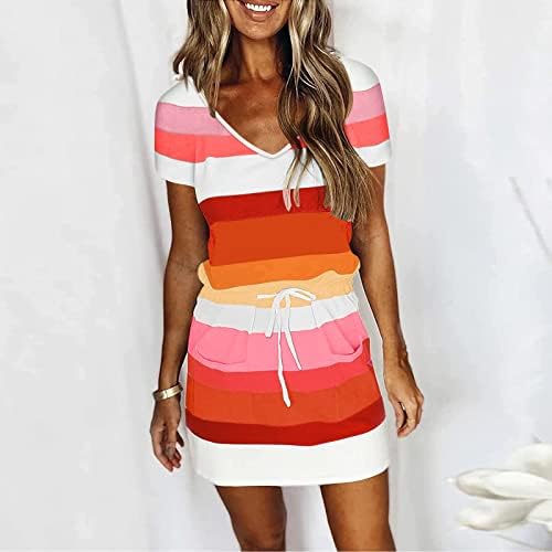 Ljetne haljine ženske Ležerne Mini haljine bez rukava s V izrezom sarafani s džepovima s vezicama s elastičnim strukom na plaži